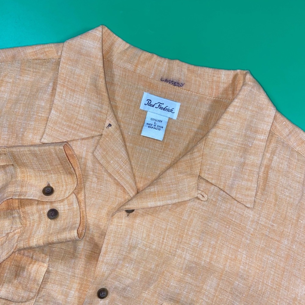 Paul Fredrick Mens Orange 100% Linen Long Sleeve Button Up Shirt Size‎ Large
